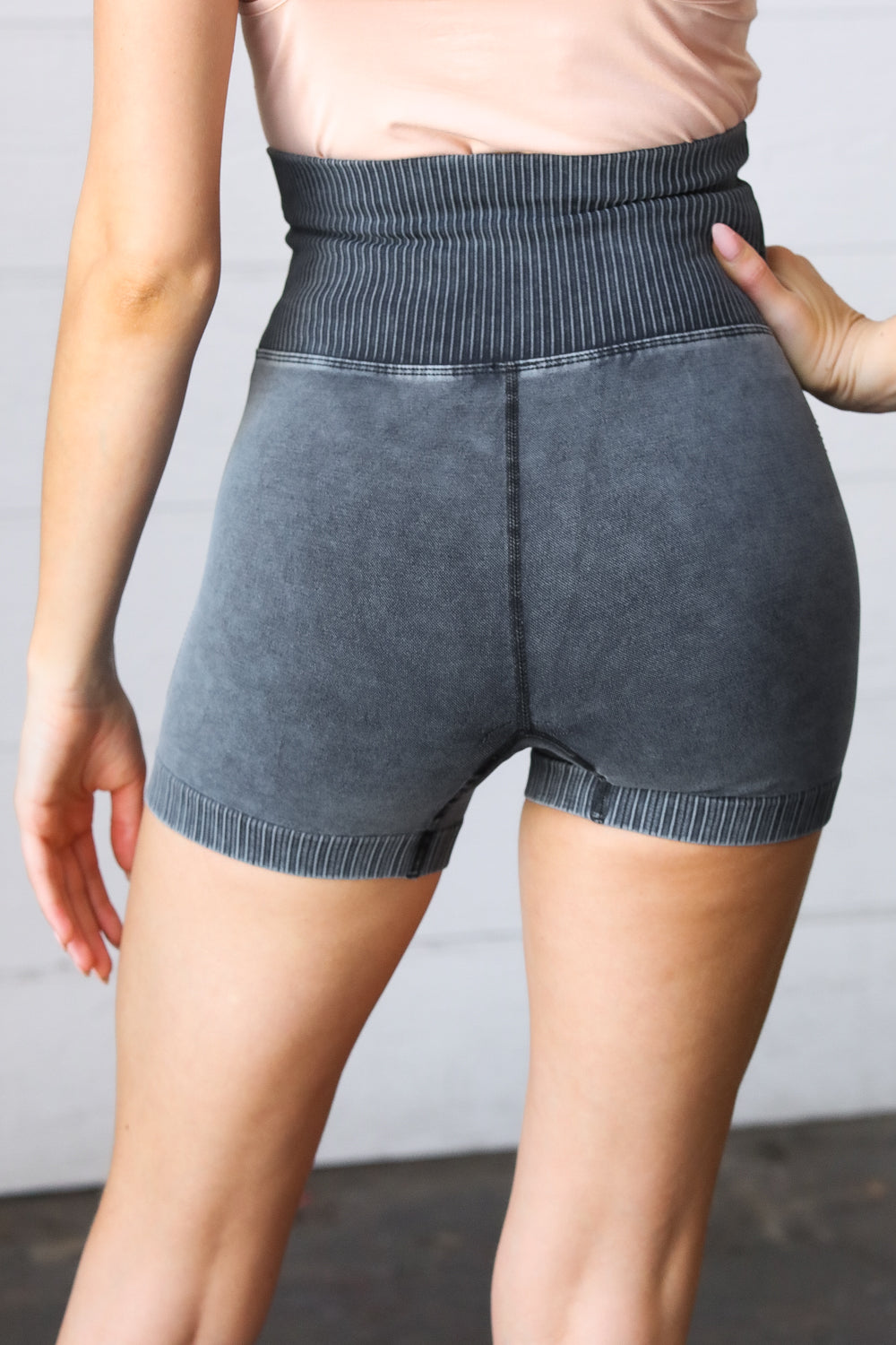 Black Washed Seamless High Waisted Eyelet Shorts