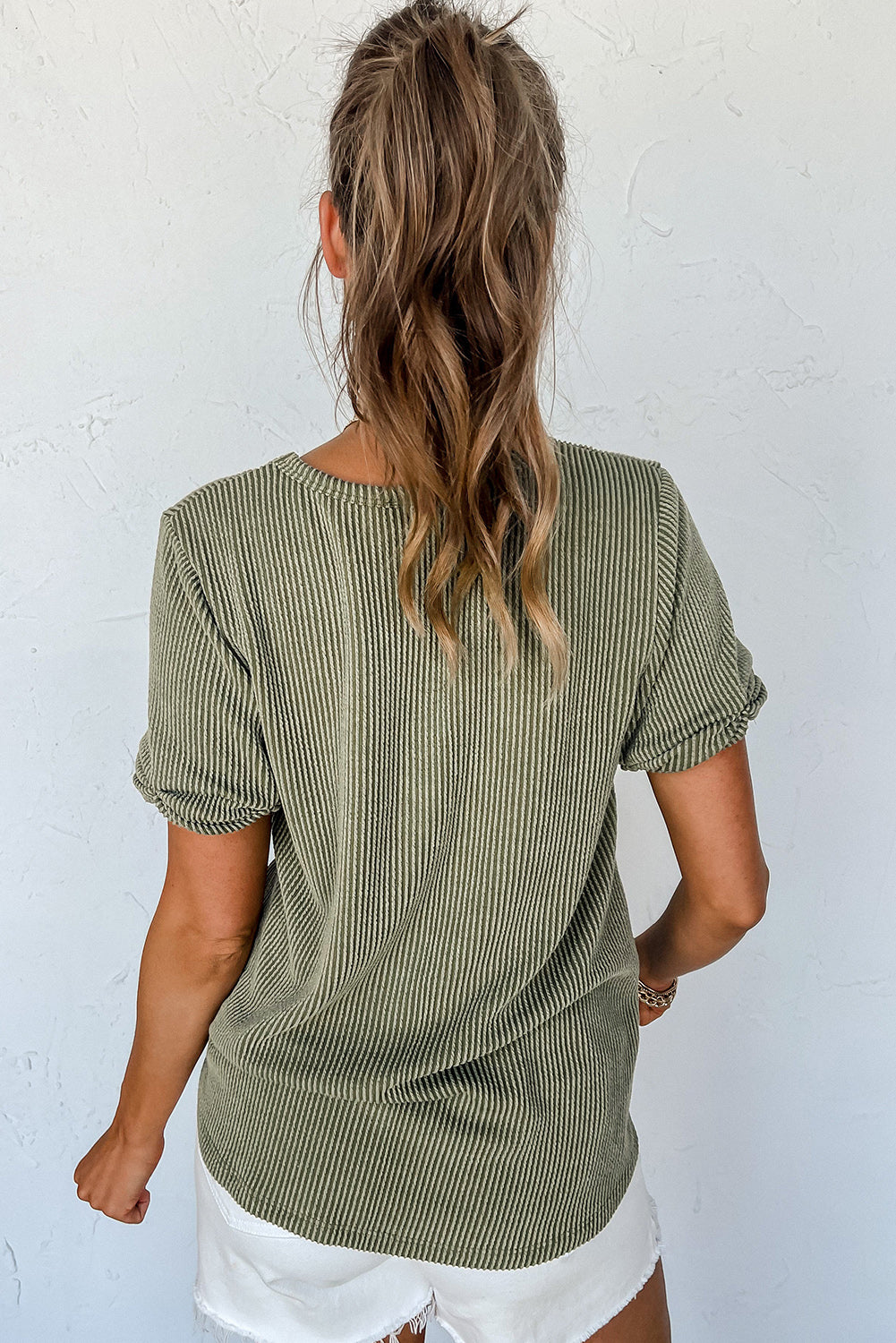 Green Short Sleeve V Neck Top RTS