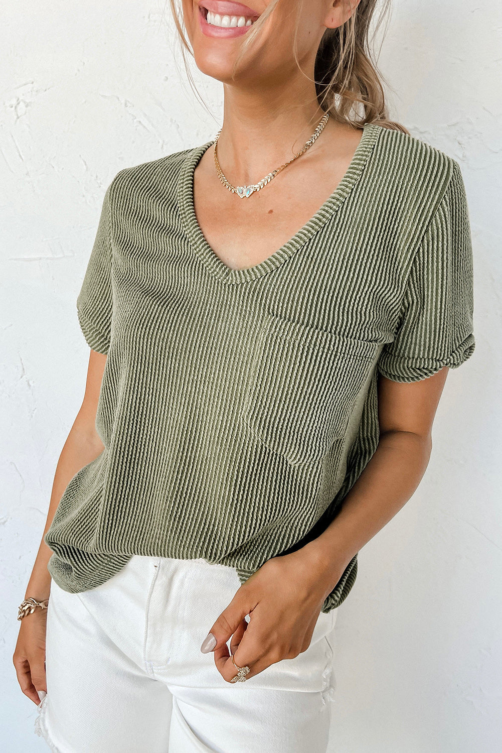 Green Short Sleeve V Neck Top RTS