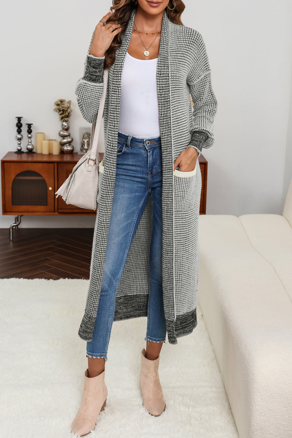 Gray Textured Knit Pocketed Duster Cardigan RTS