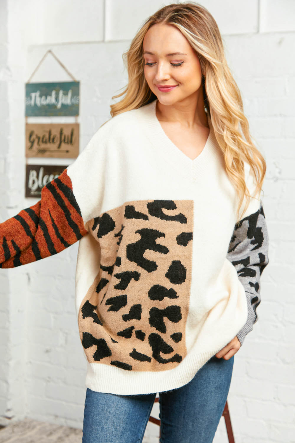 Leopard Color Block Jacquard Soft Sweater Top