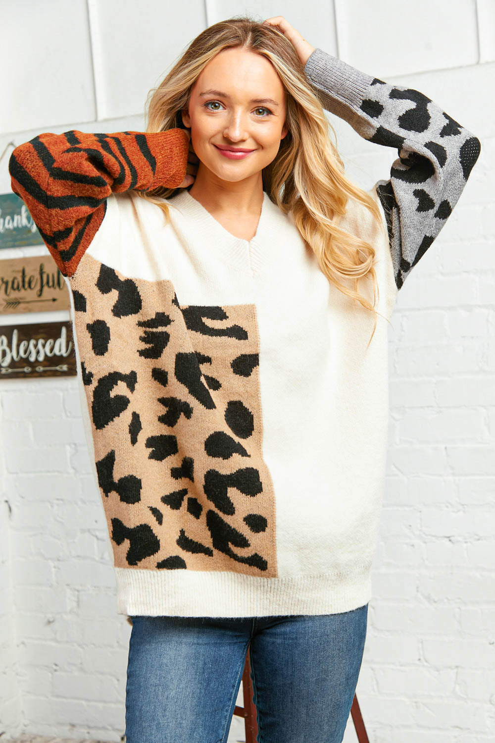 Leopard Color Block Jacquard Soft Sweater Top