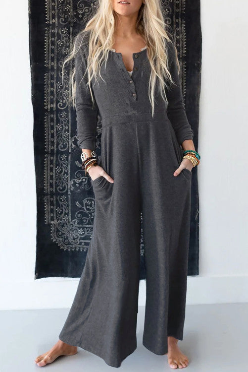 Gray Button Long Sleeve Jumpsuit WS RTS