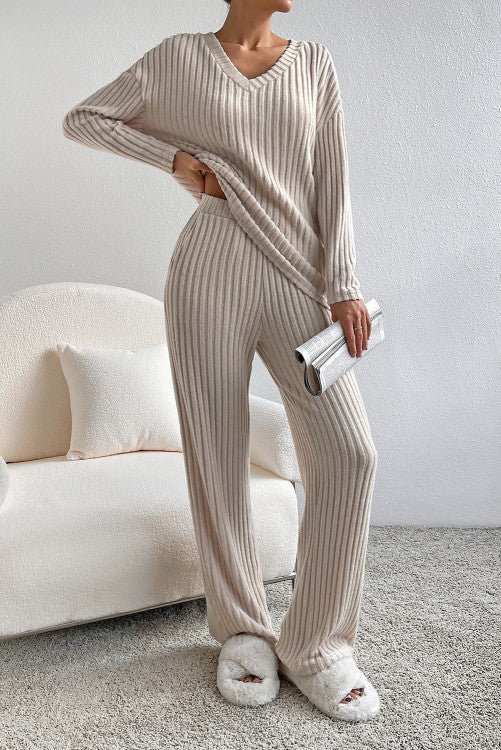 Khaki Ribbed Long Sleeve Pants Set WS RTS