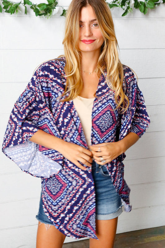 Navy Rayon Challis Paisley Print Bell Sleeve Kimono