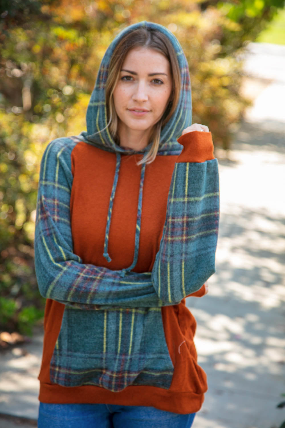 Rust Cashmere Feel Plaid Raglan Hoodie