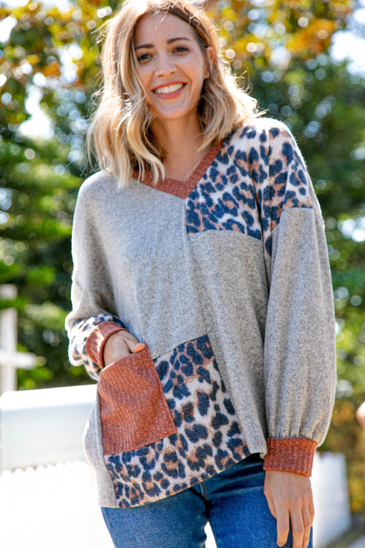 V Neck Hacci Leopard Block Patch Knit Top