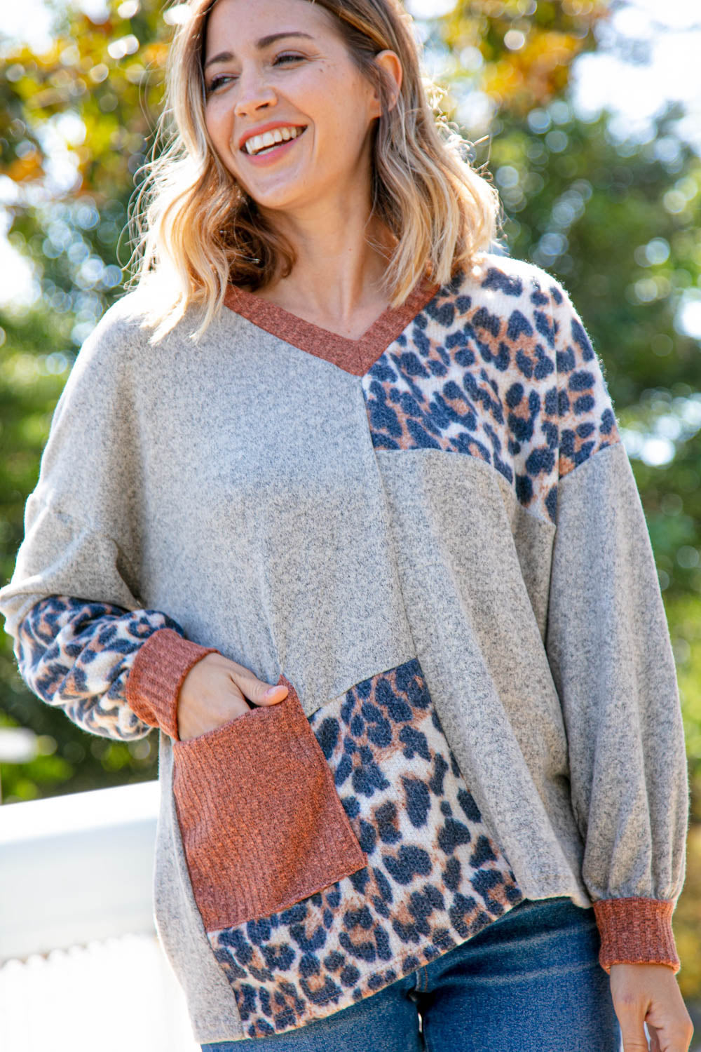 V Neck Hacci Leopard Block Patch Knit Top