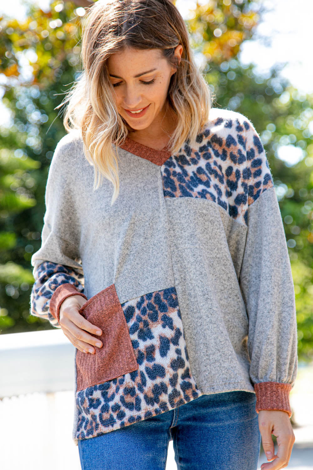 V Neck Hacci Leopard Block Patch Knit Top