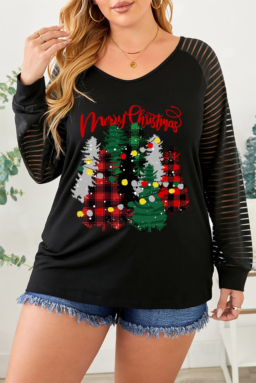 Plus Size Sheer Sleeve Christmas Top RTS