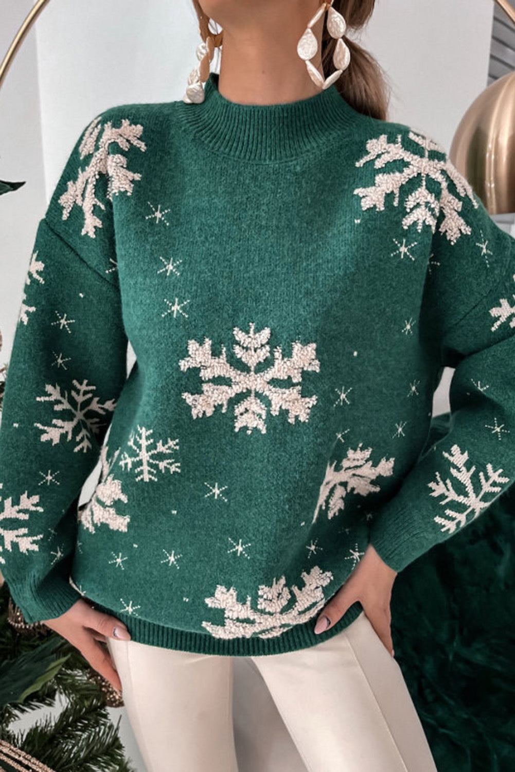 Blackish Green Snowflake Mock Neck Sweater RTS