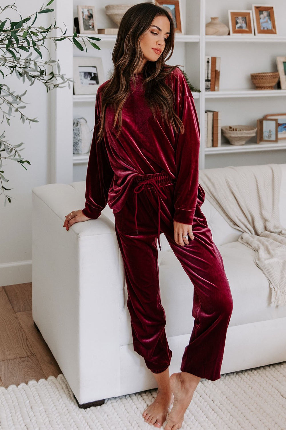 Fiery Red Velvet Two Piece Lounge Set RTS