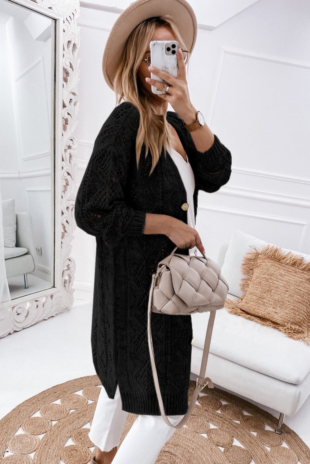 Black Hollow Out Knit Cardigan RTS