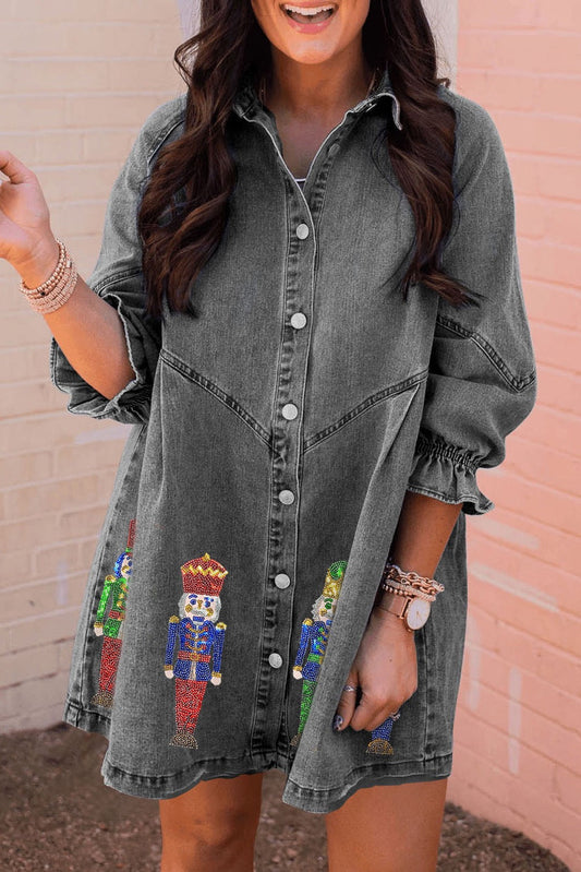 Gray Sequin Nutcracker Denim Dress RTS