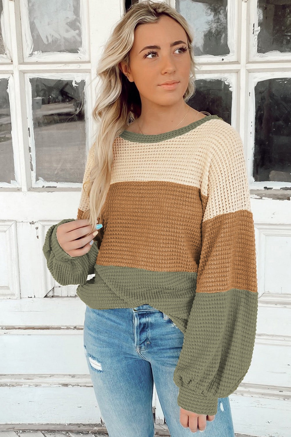 Green Striped Bubble Sleeve Top RTS