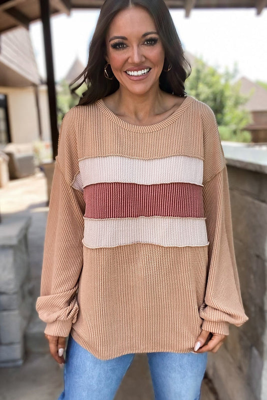 Beige Colorblock Corded Sweater RTS