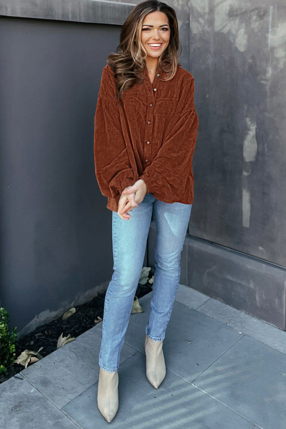 Coffee Corduroy Puff Sleeve Top RTS