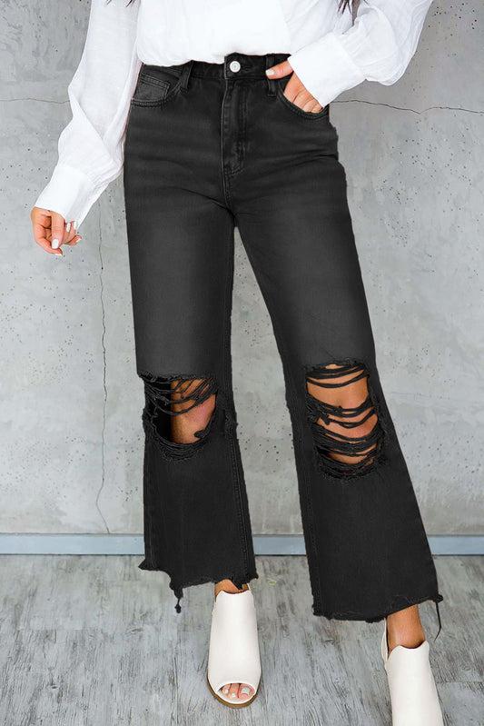 Black Distressed Cropped Flare High Waisted Jeans RTS