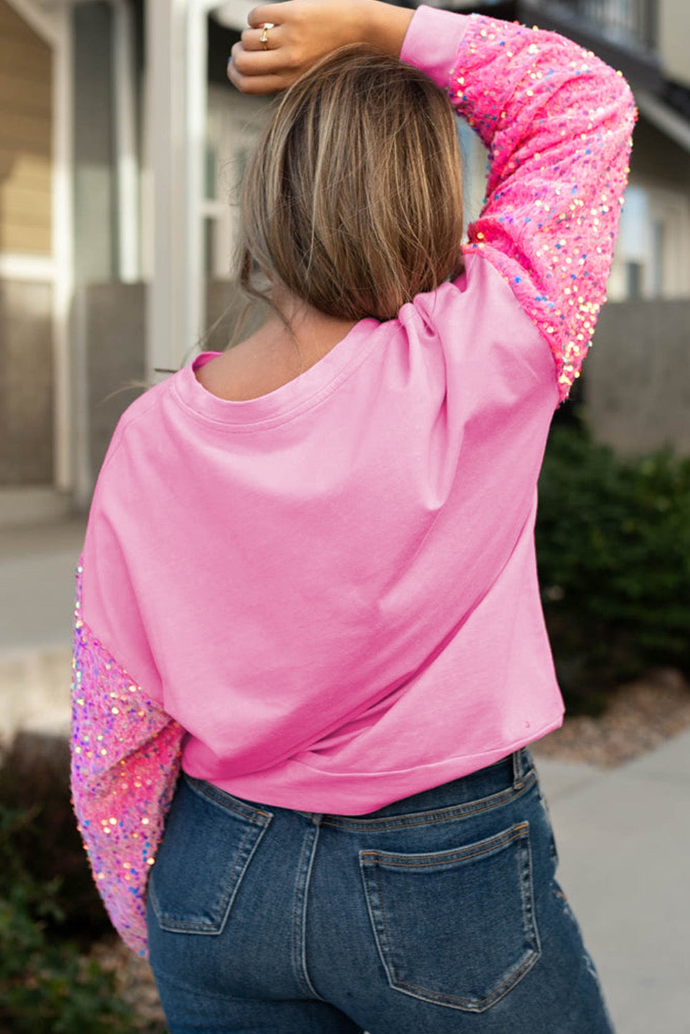 Plus Size Pink Sequin Sleeve Sweater RTS