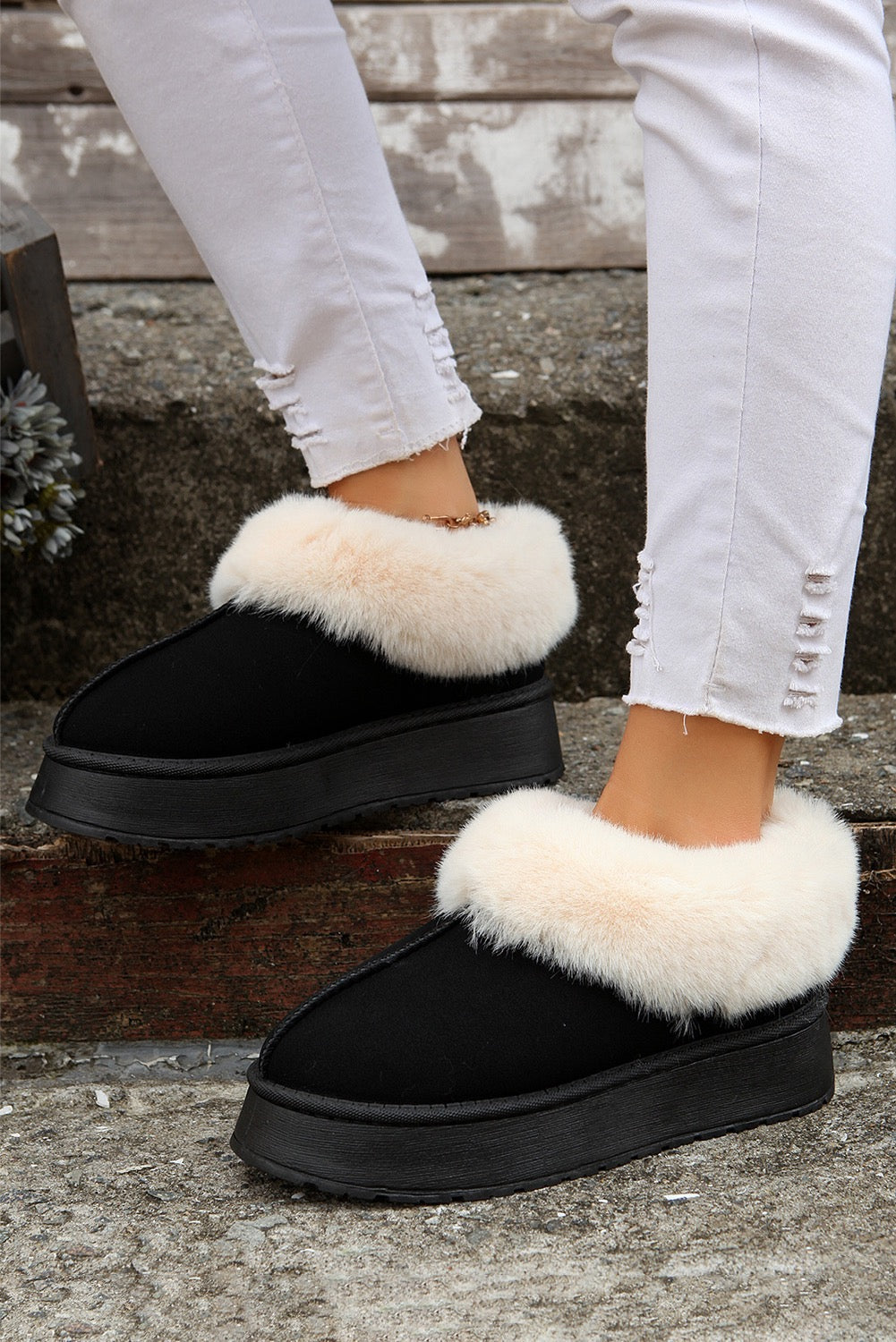 Black Plush Trim Suede Shoes RTS