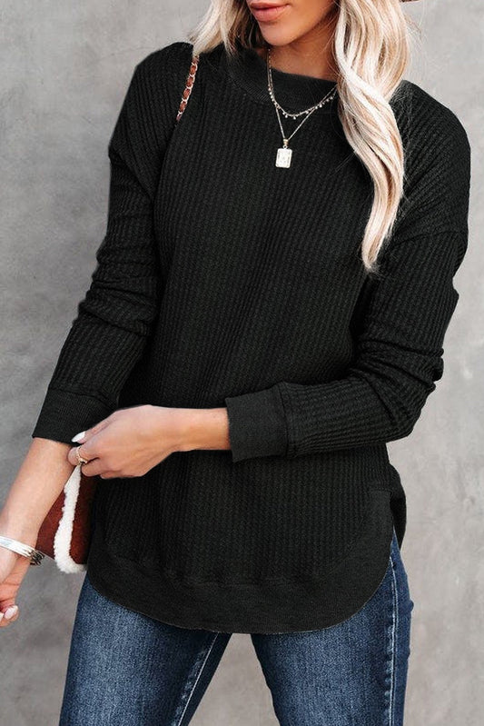 Black Ribbed Trim Waffle Top RTS