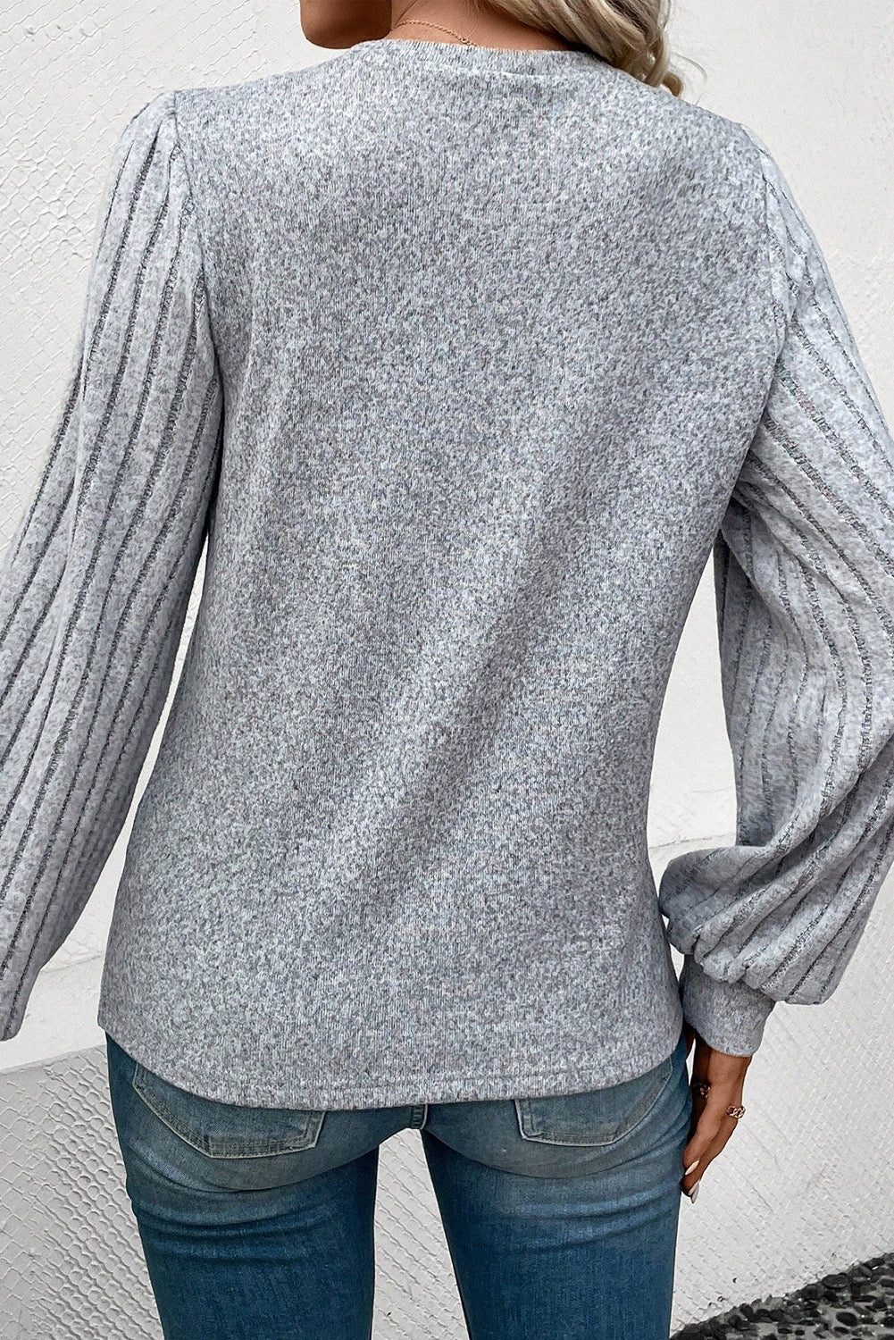 Grey Ribbed Bishop Sleeve Top RTS