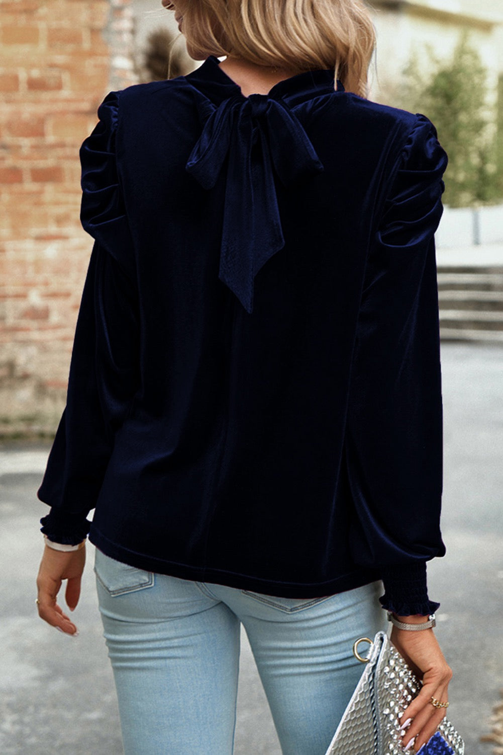 Navy Blue Mock Neck Velvet Blouse RTS