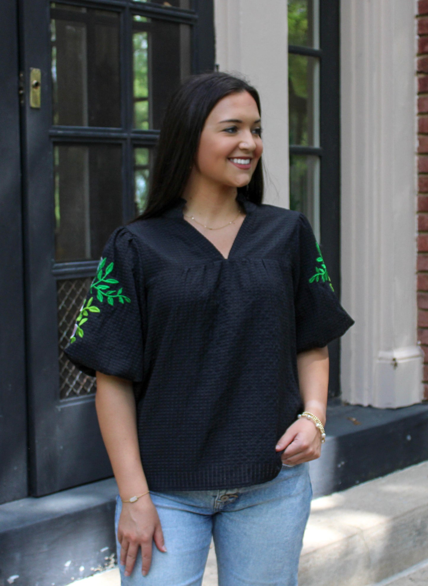 Black Embroidered Puff Sleeve Top May.