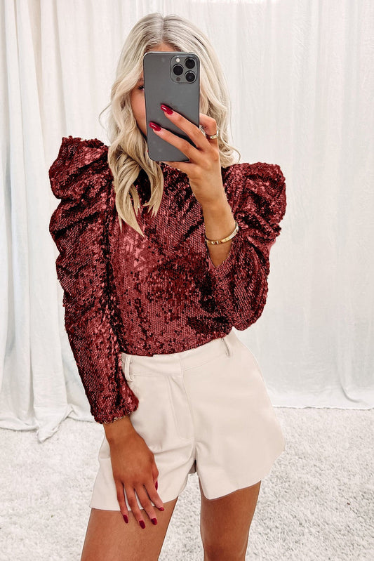 Burgundy Sequin Bubble Sleeve Top RTS