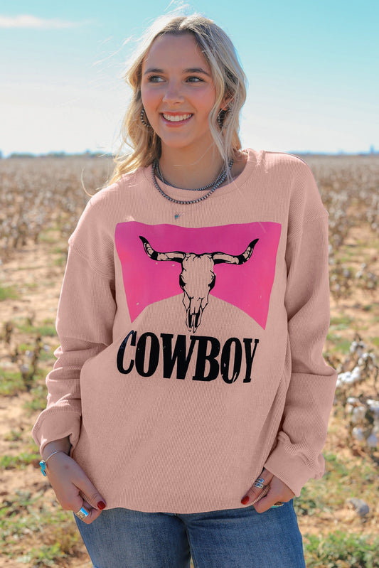 Pink Steer Head Cowboy Corded Sweatshirt RTS