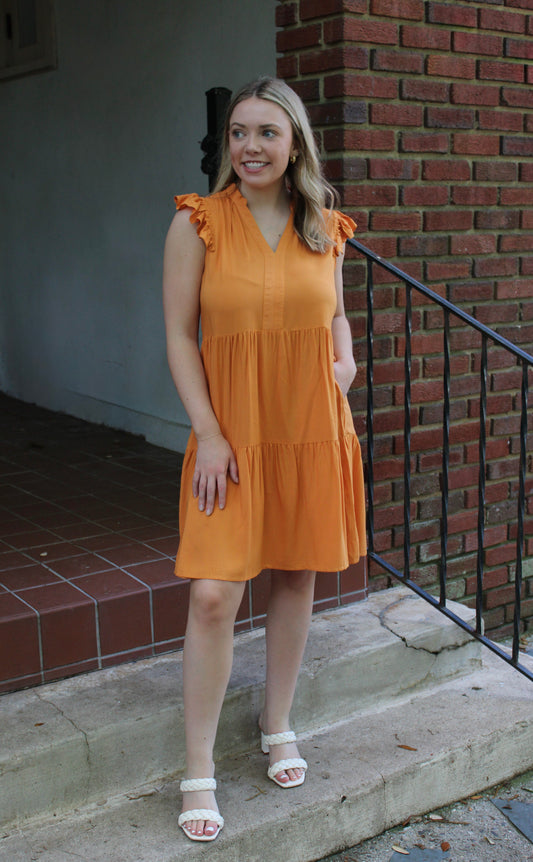 Orange Ruffle Sleeve Dress RTS