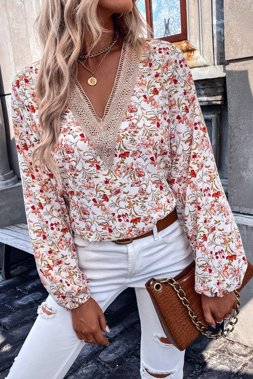 White Floral V Neck Blouse WS RTS