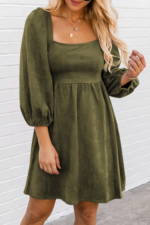 Green Suede Puff Sleeve Dress WS RTS