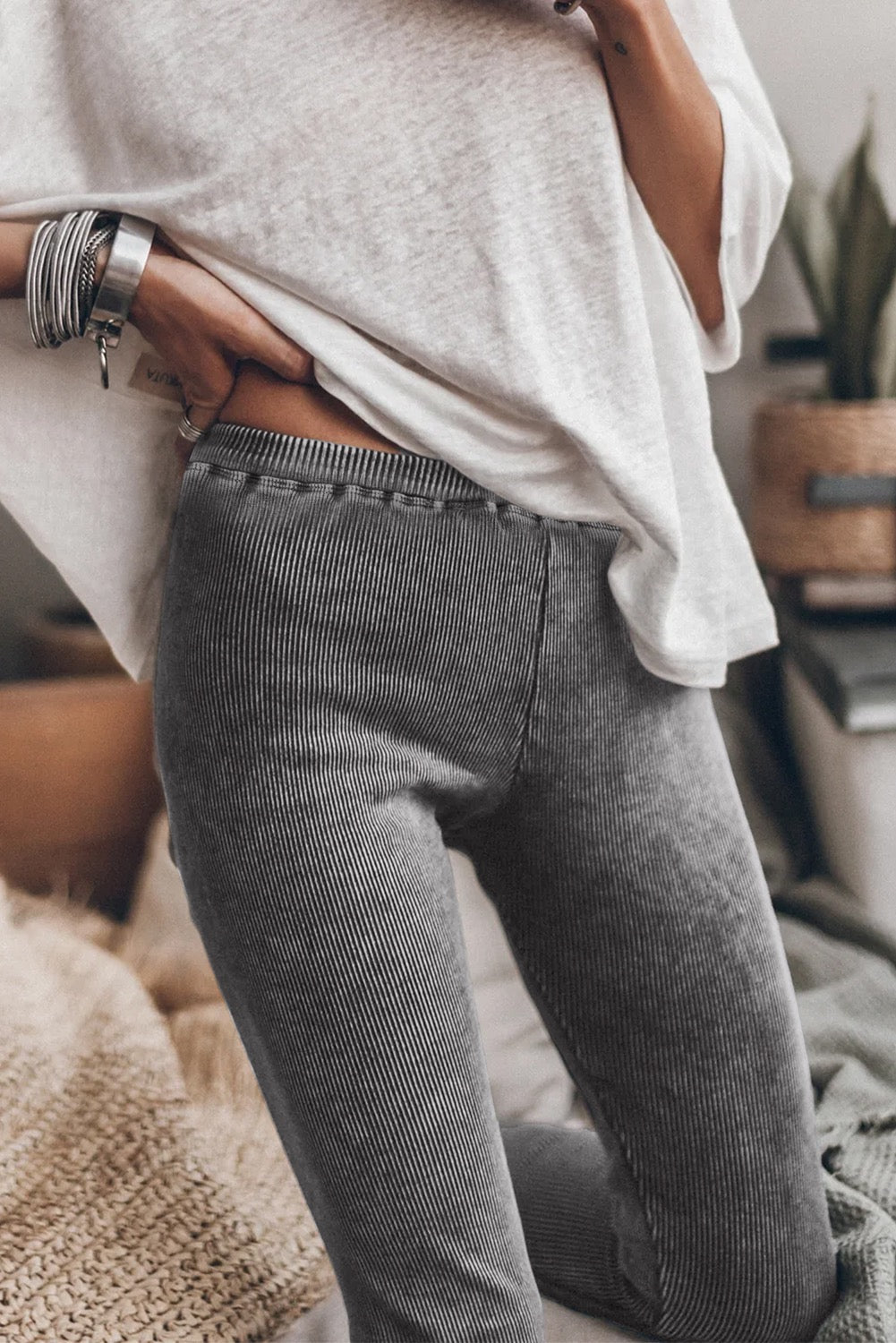 Dark Grey Vintage Wash Ribbed Leggings Dec.