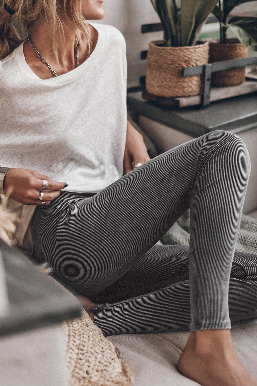 Dark Grey Vintage Wash Ribbed Leggings Dec.