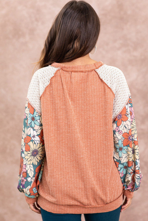 Orange Floral Puff Sleeve Blouse WS RTS