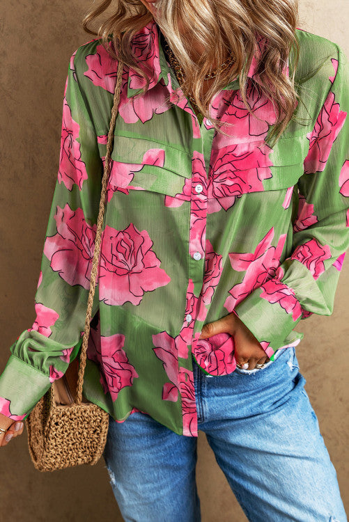 Green Floral Puff Sleeve Shirt WS RTS