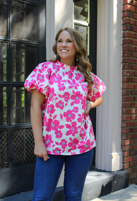 Pink Flower Puff Sleeve Top RTS