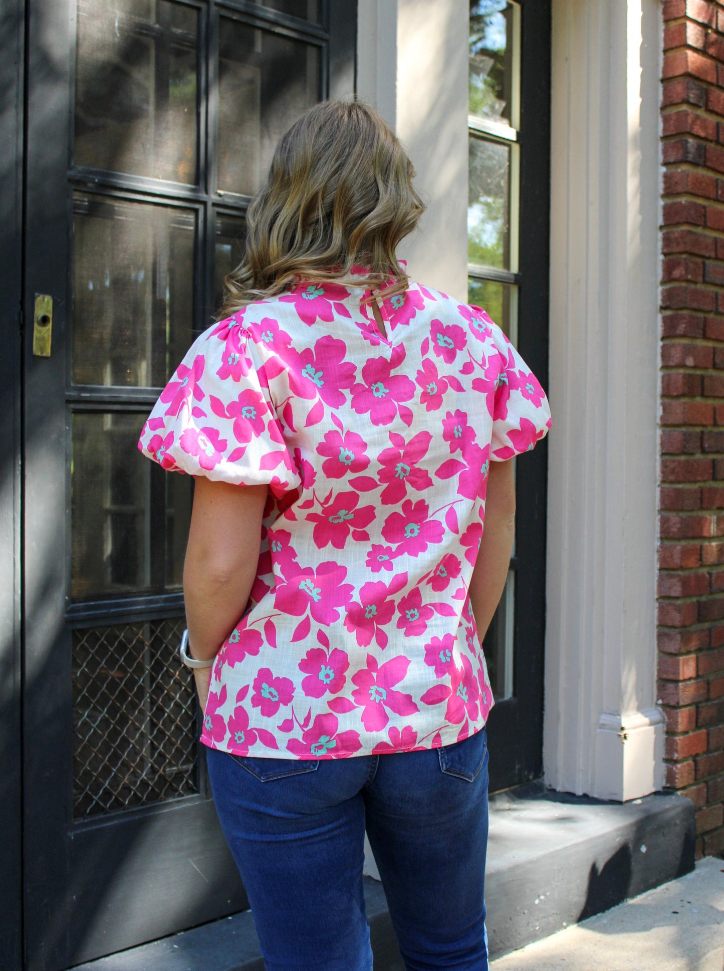 Pink Flower Puff Sleeve Top RTS