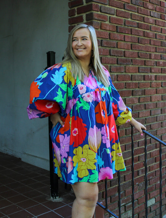 Blue Floral Puff Sleeve Dress RTS