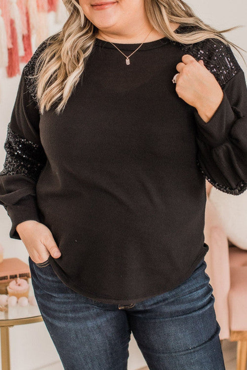 Black Plus Size Sequin Long Sleeve Top WS RTS