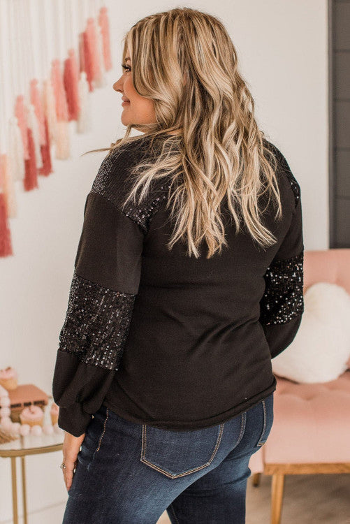 Black Plus Size Sequin Long Sleeve Top WS RTS