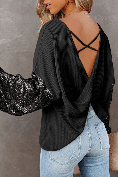 Black Sequin Waffle Knit Top WS RTS