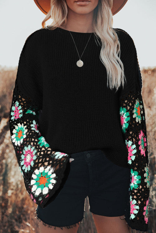 Black Floral Crochet Loose Sweater WS RTS