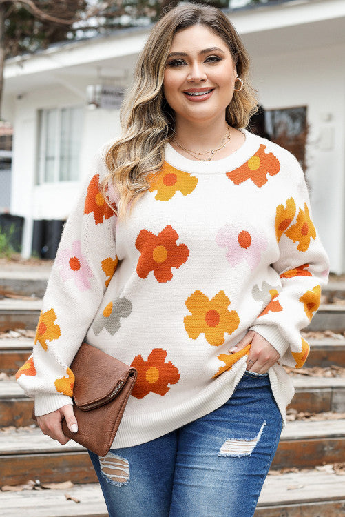 White Plus Size Flower Pattern Sweater WS RTS