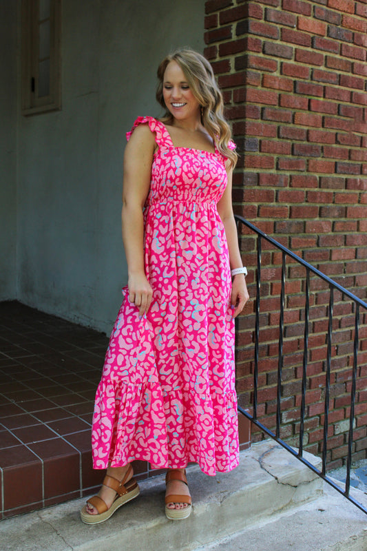 Hot Pink Leopard Ruffle Dress RTS