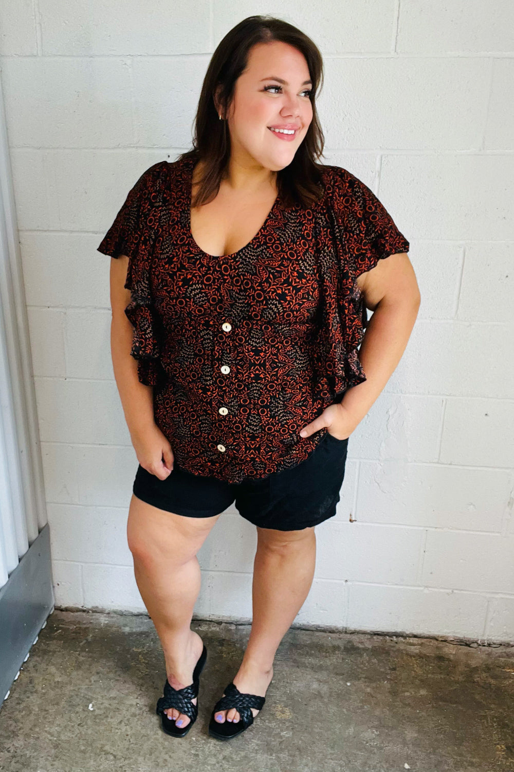 Black & Orange Boho Print Button Detail Side Ruffle Top