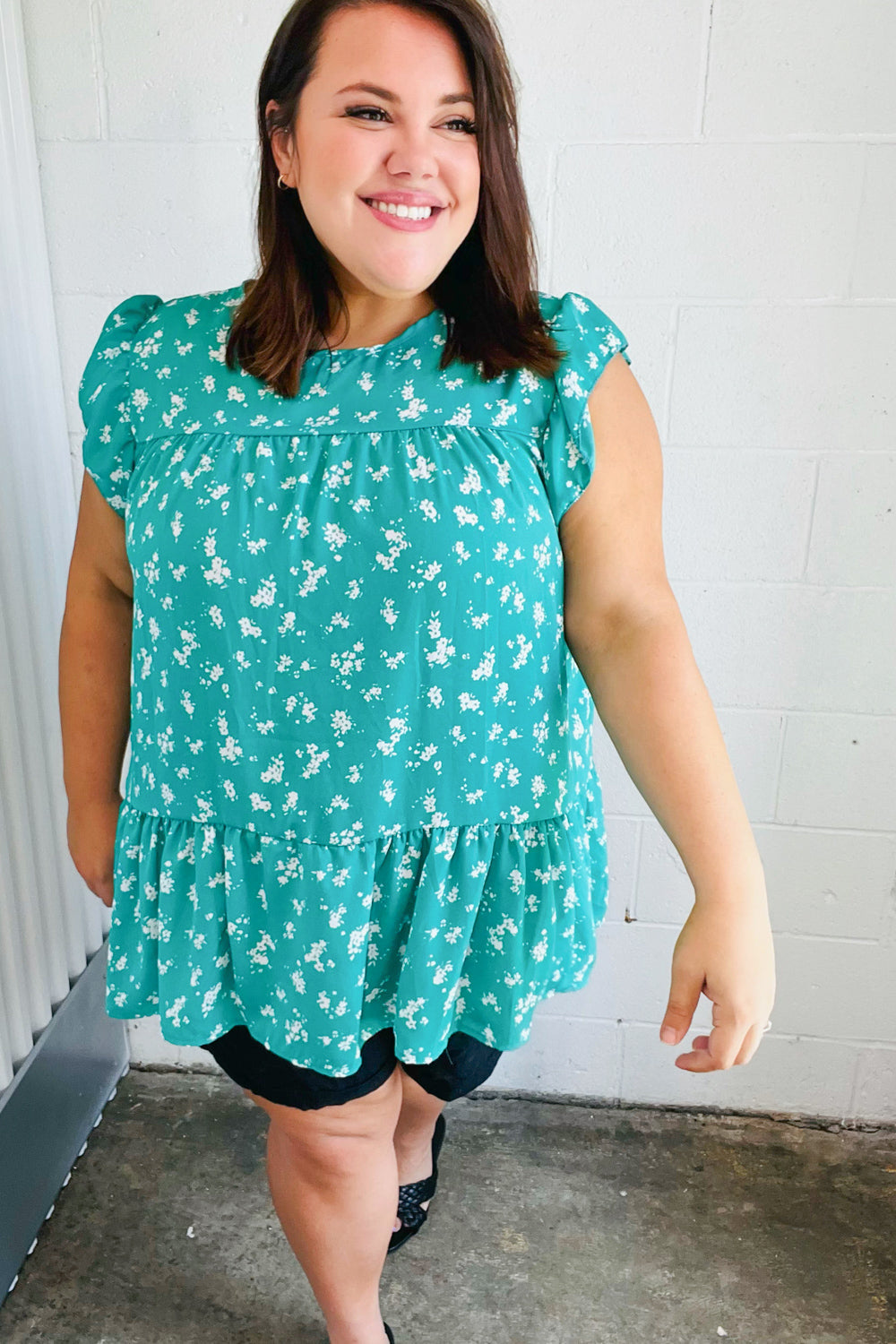 Teal Floral Yoke Flutter Sleeve Keyhole Back Top