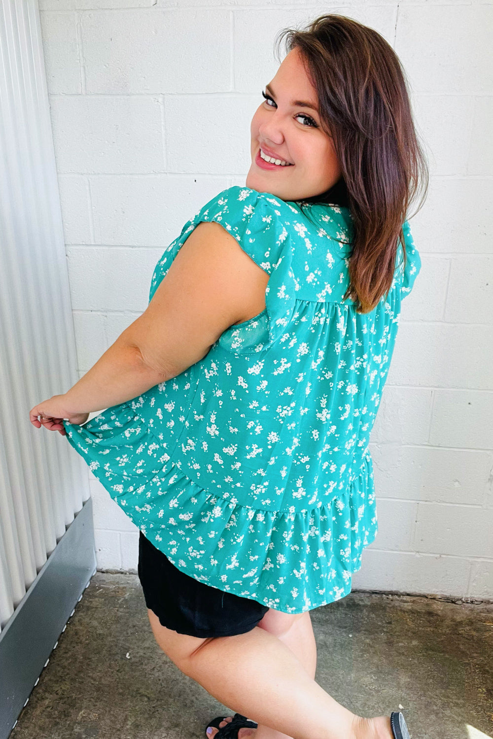 Teal Floral Yoke Flutter Sleeve Keyhole Back Top