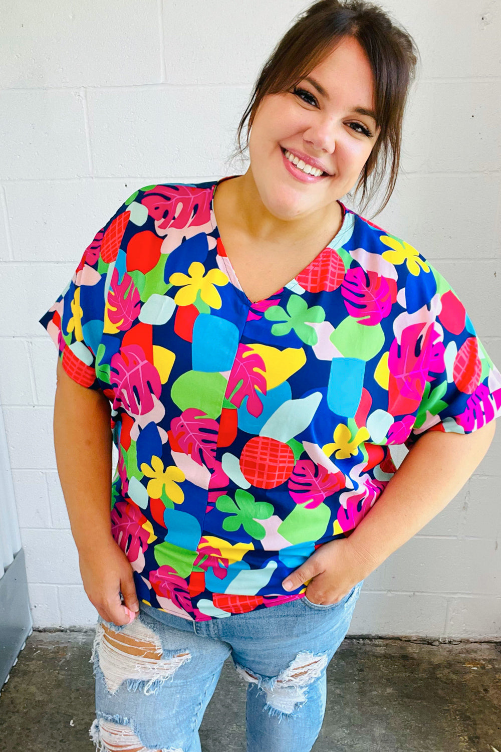 Navy & Magenta Tropical Print Woven Top